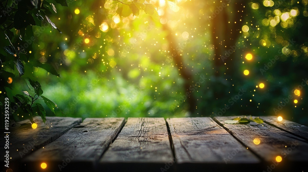 Poster wooden table in natural bokeh setting ideal for product display showcasing a serene outdoor atmosphe