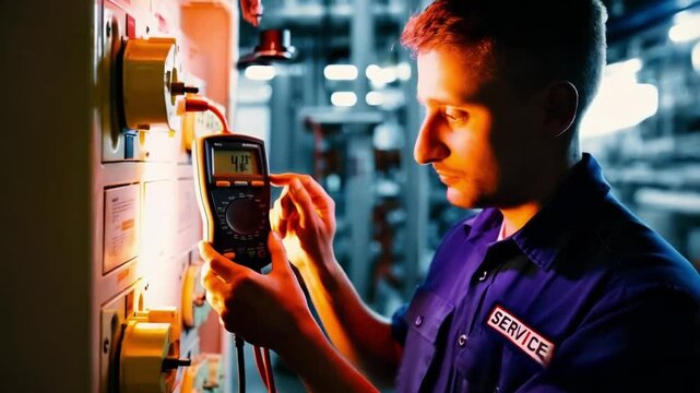 An electrical maintenance service engineer is shown carrying an AC voltmeter while conducting a voltage check at breaker terminals