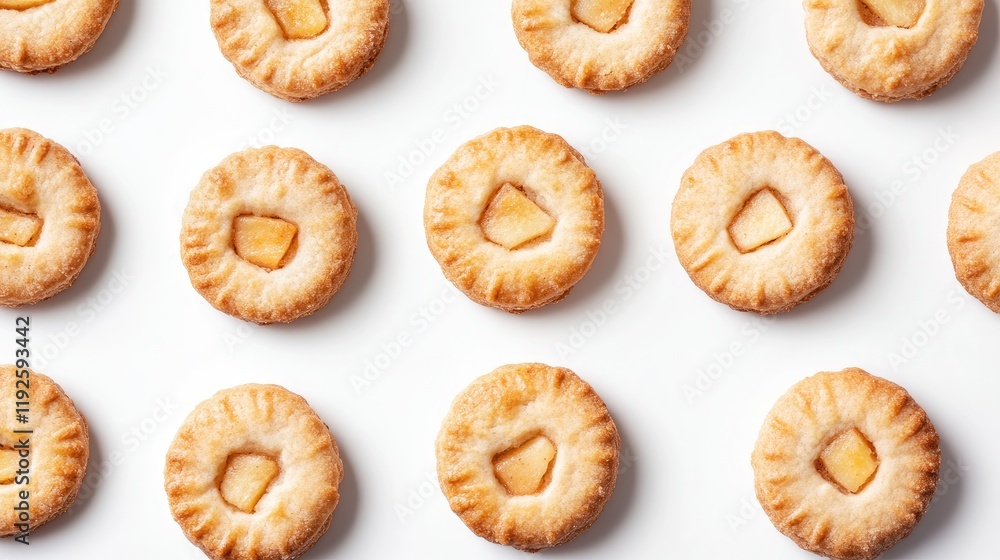 Poster Spiced apple filled cookies arranged in a neat pattern on a white background showcasing a delicious homemade dessert treat.