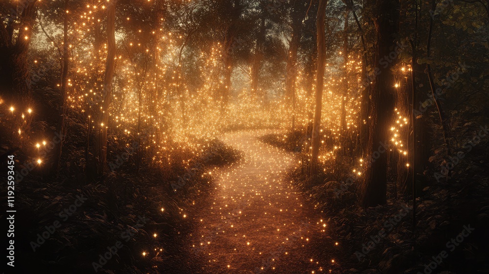 Poster ethereal pathway through enchanted forest illuminated by magical light trails and intricate installa