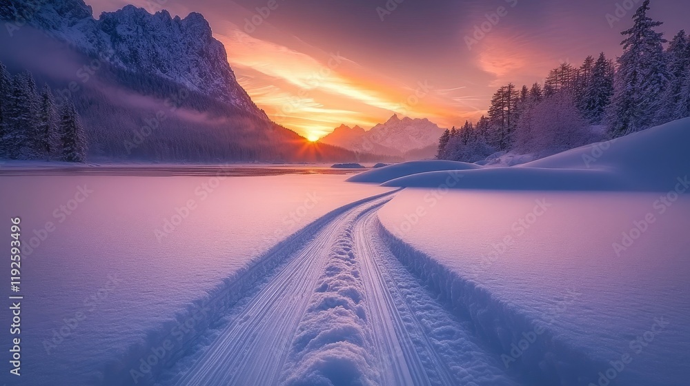 Poster cross country ski tracks on frozen lake at sunset with mountains and forest in the background creati