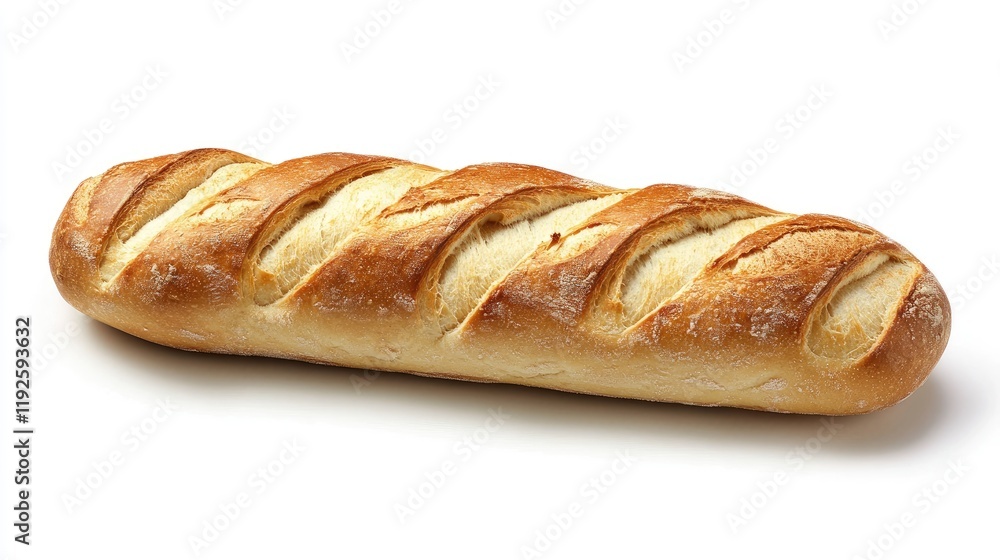 Poster artisan baguette with a crispy crust and soft interior isolated on white background suitable for bak