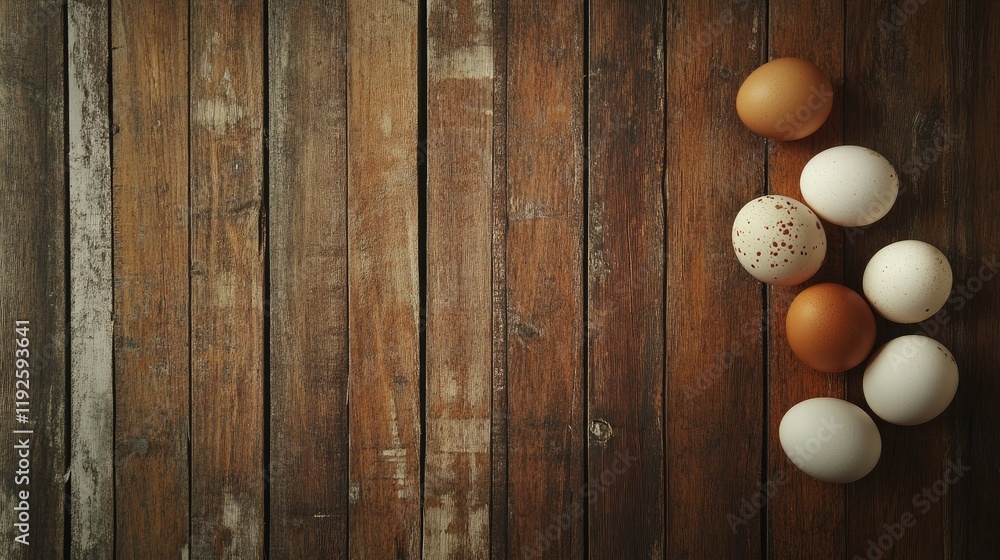 Poster assorted fresh eggs arranged on rustic wooden background for culinary and farm-to-table concepts