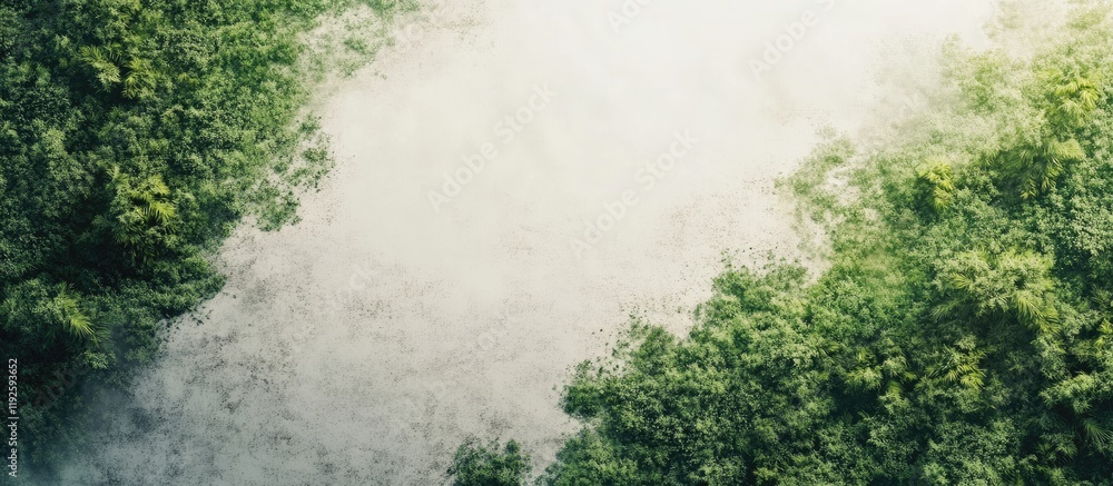 Leinwandbilder aerial view of lush green landscape with soft mist and blank space for custom text elements