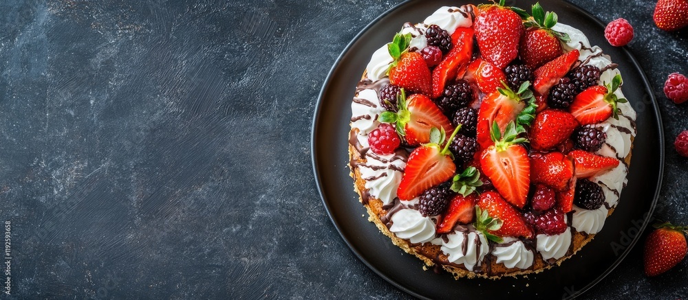 Aufkleber Strawberry shortcake adorned with fresh berries and chocolate sauce set on a dark background with space for text or branding