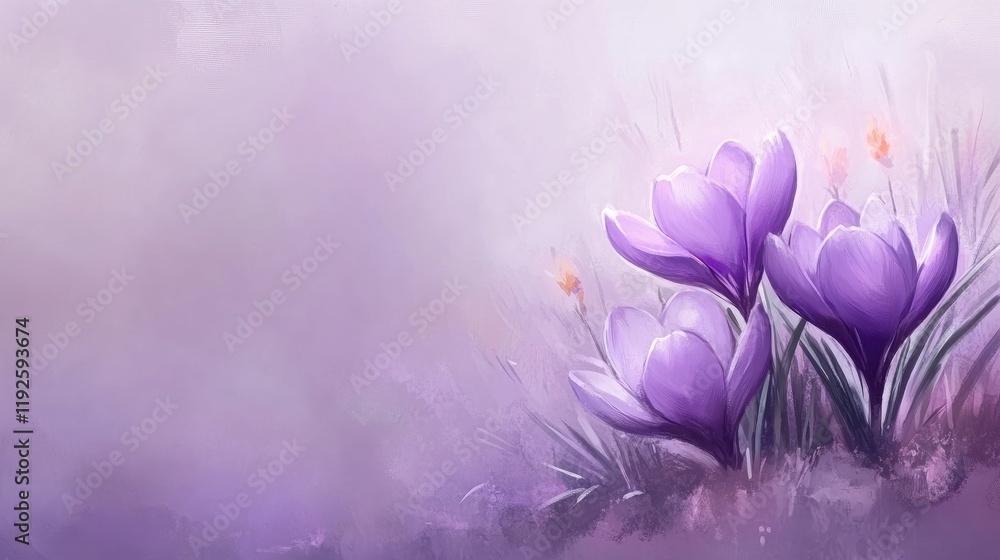 Aufkleber delicate spring crocuses blooming in a soft purple meadow background symbolizing new beginnings and 