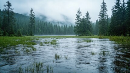 Obraz premium Flooded meadow landscape with dense coniferous forest under misty conditions near a strong river current amidst natural scenery
