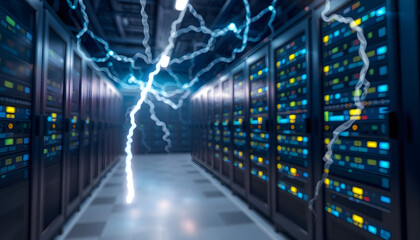 Fototapeta premium Electricity lightning in servers data center room storage systems 3D rendering, blurry foreground, with white tones
