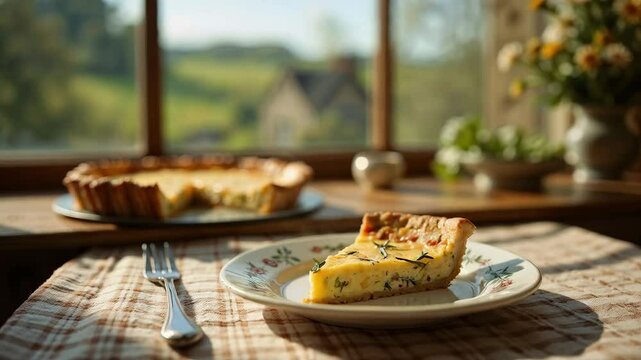 Tarta salada casera servida en mesa r&uacute;stica junto a una ventana