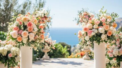 Elegant floral arrangements in grand vases with a scenic ocean view backdrop ideal for weddings and special events decoration.