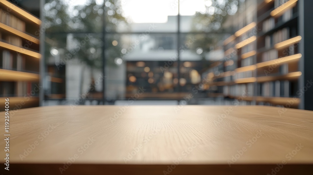 Poster wooden table in focus with blurred modern library setting and bookshelves in background