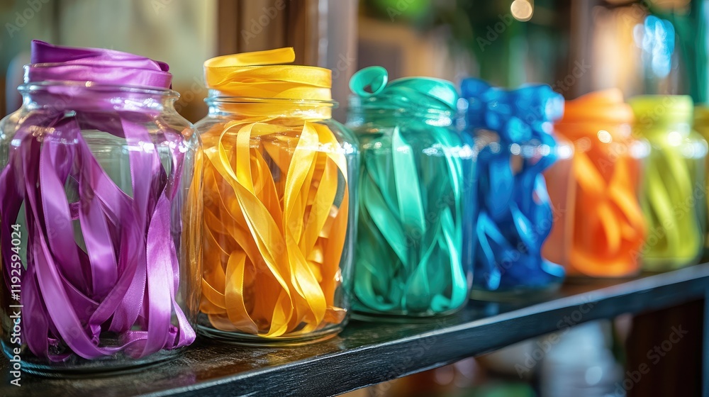 Aufkleber vibrant glass jars filled with colorful ribbons create an eye-catching decorative display on a rusti