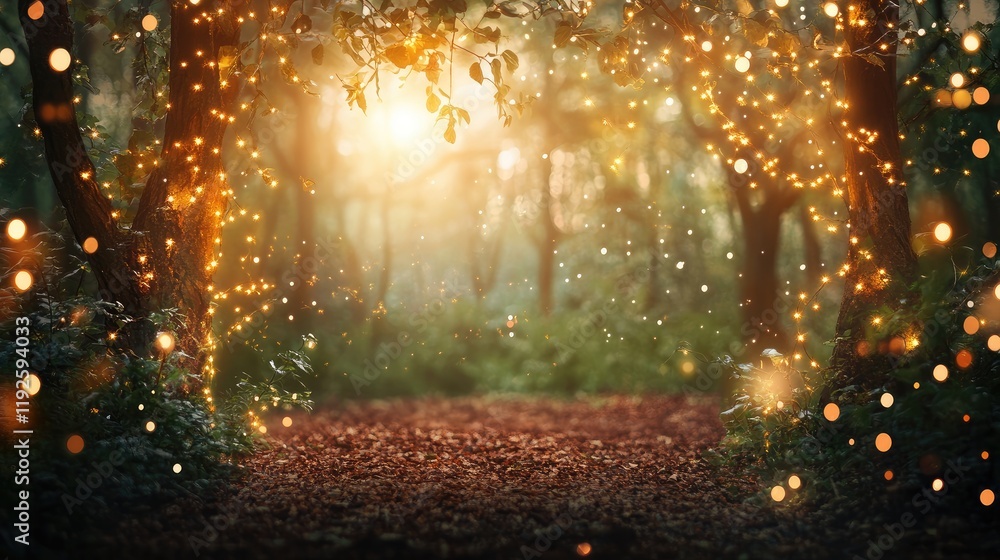 Poster magical enchanted forest scene adorned with fairy lights and soft glowing bokeh effects creating a d