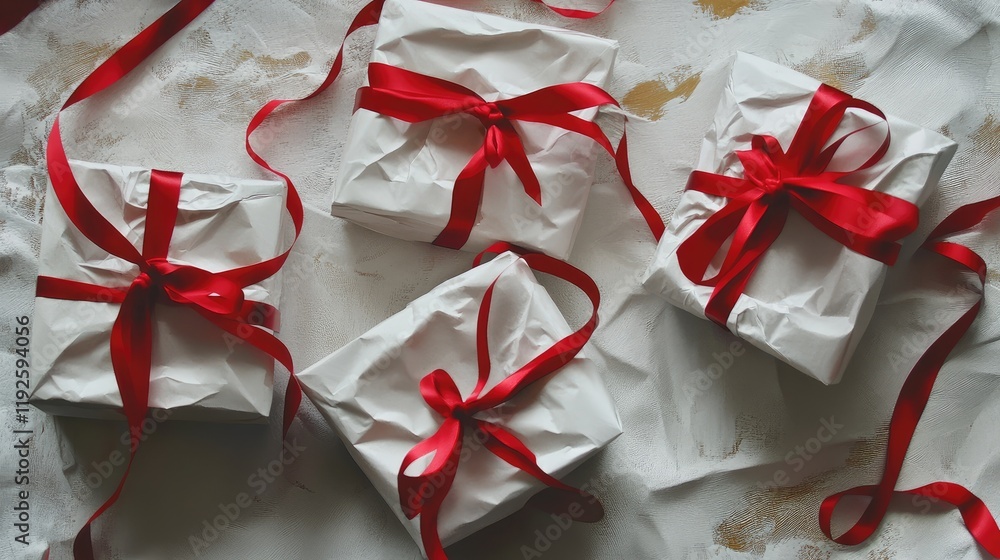 Poster crumpled white gift boxes wrapped in vibrant red ribbons arranged on a textured surface for festive 
