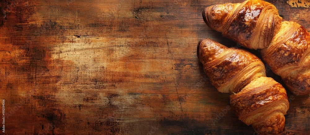 Poster freshly baked croissants on rustic wooden table with ample space for text or branding design element