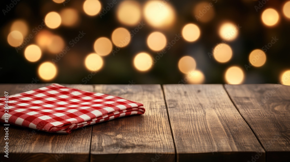 Poster rustic wooden table with red checked napkin and soft bokeh lights for holiday product display realis