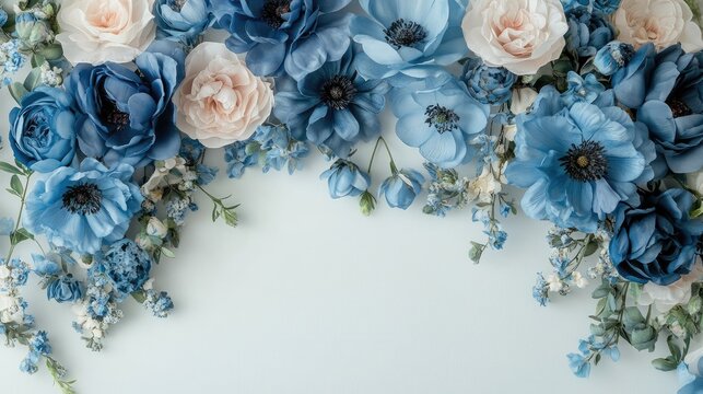 Serene floral backdrop with an elegant arrangement of assorted blue flowers against a soft pastel background