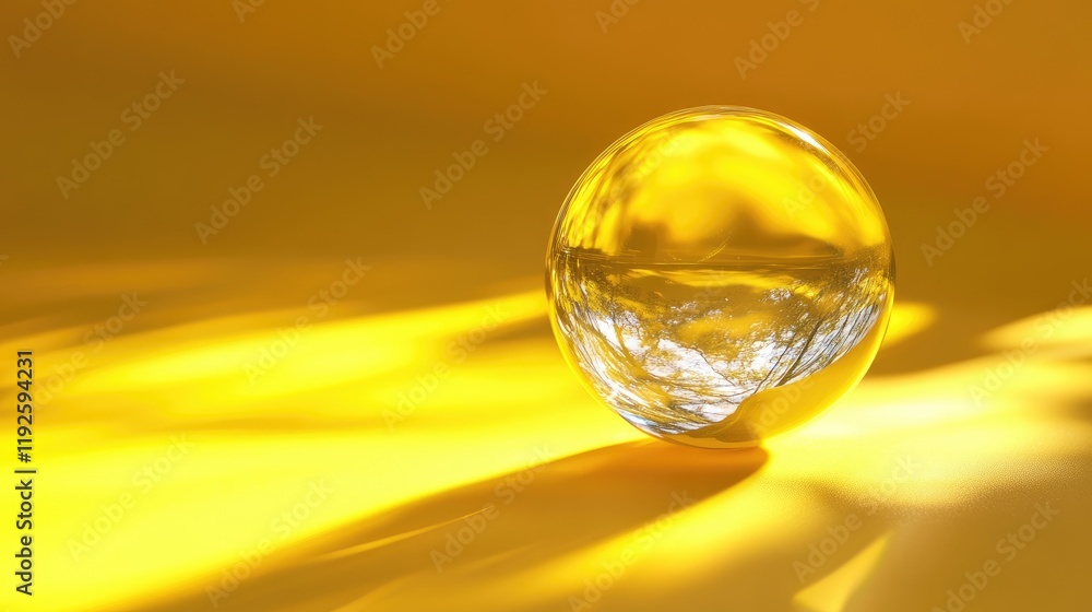 Poster Crystal ball reflecting light on a vibrant yellow surface creating an abstract and artistic backdrop for creative design concepts