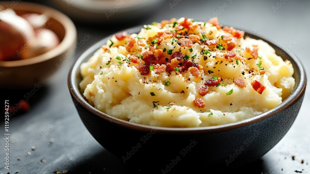 Poster alpine inspired mashed potatoes topped with crispy bacon bits and fresh herbs in a rustic bowl