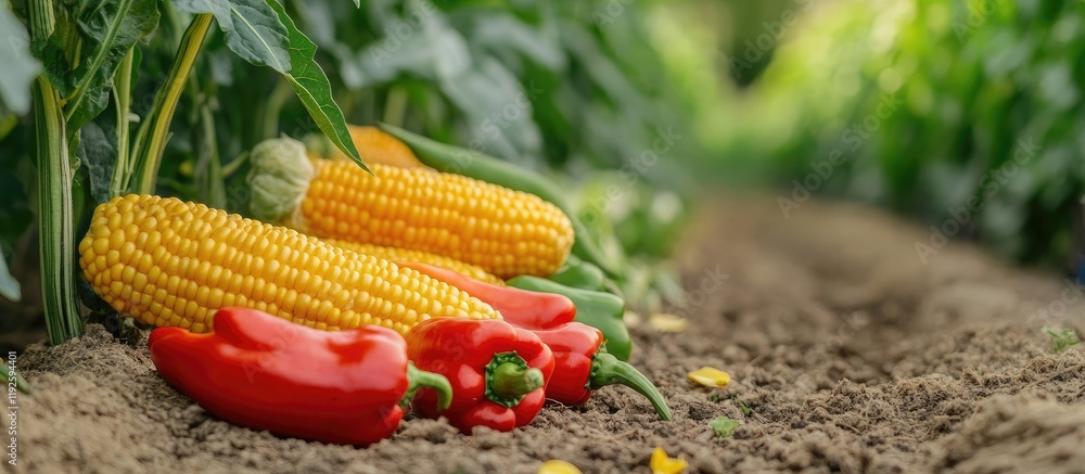 Poster corn and red peppers growing in a lush vegetable garden with space for text in a vibrant outdoor set