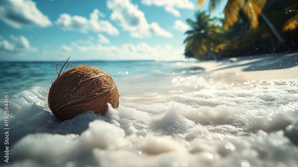 Poster coconut resting on sandy beach with gentle waves and tropical palm trees under a bright sky serene c