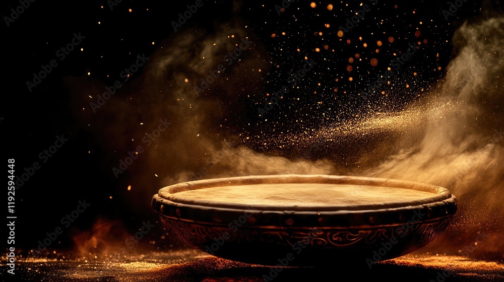 Poster dynamic percussion drums creating a vibrant explosion of sound and color with ample empty space for 