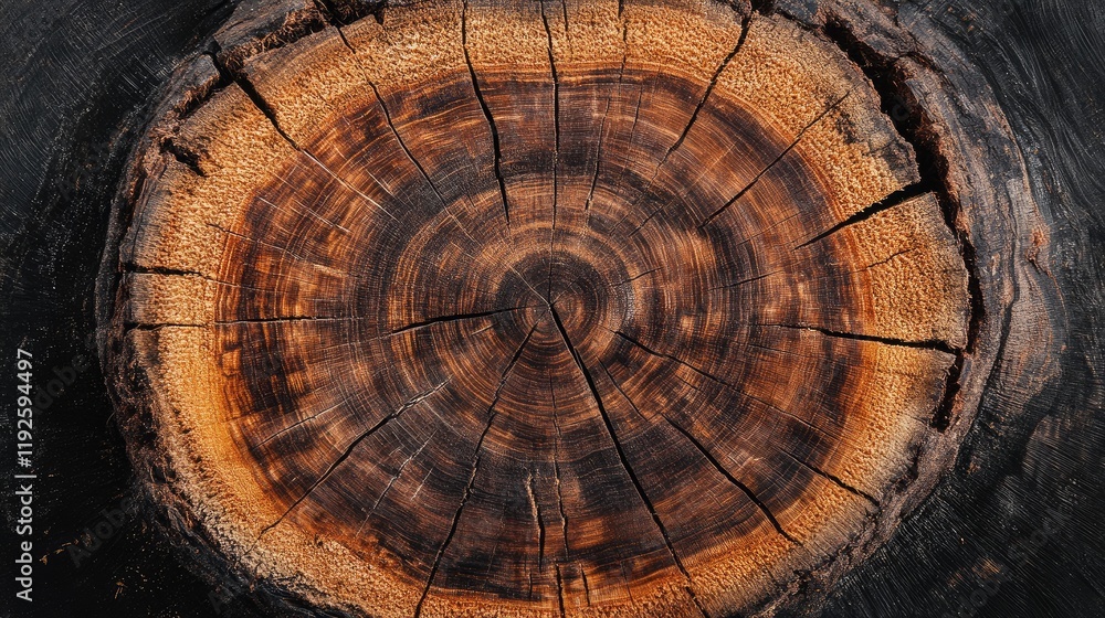 Aufkleber cross section of an aged tree stump showcasing yearly growth rings and intricate wood grain patterns