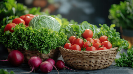 Fototapeta premium Fresh vegetables in woven baskets, including tomatoes, lettuce, and cabbage, create vibrant and healthy display. This colorful arrangement evokes sense of freshness and vitality