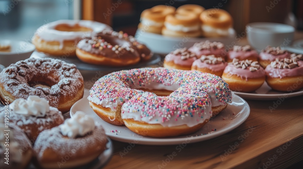 Poster assorted donuts with colorful toppings arranged on a wooden table with dishes creating a tempting de