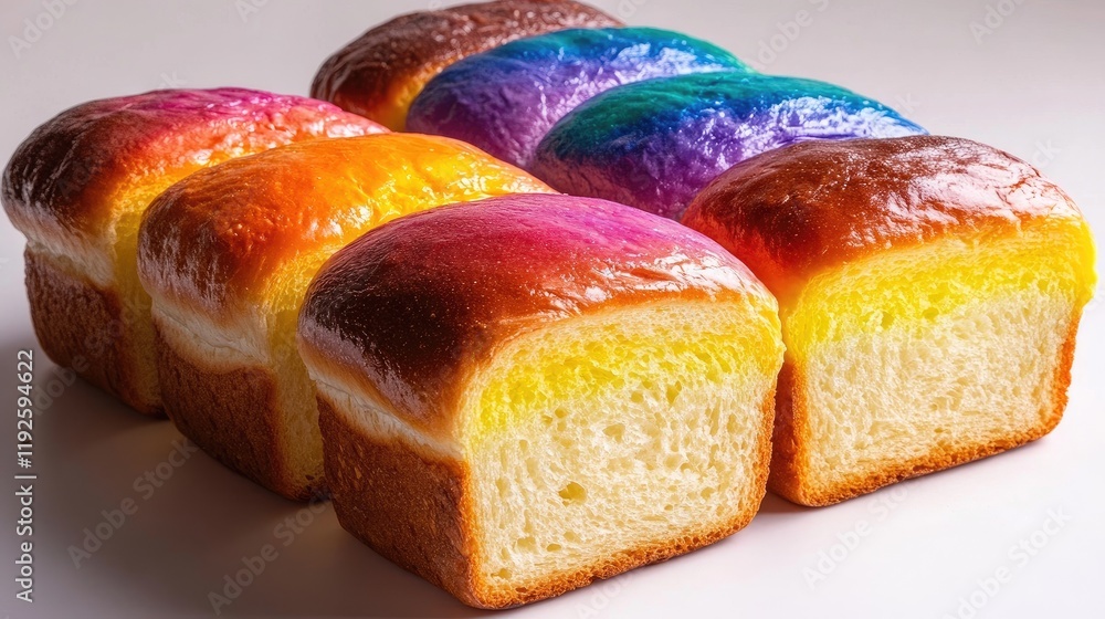 Poster vibrant rainbow bread loaves arranged on a white background showcasing colorful layers and unique te