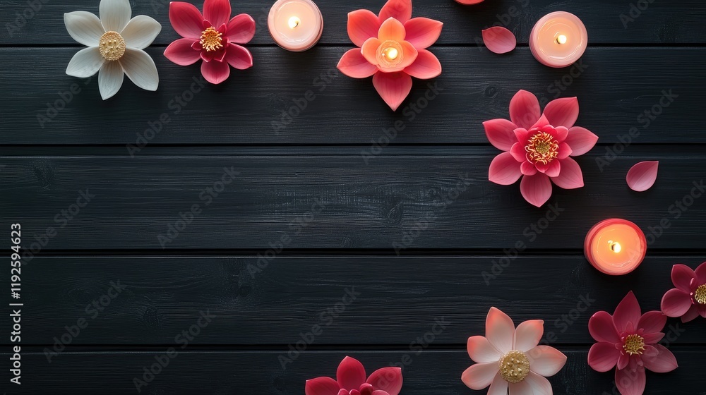 Aufkleber lotus candles in various colors arranged elegantly on a dark wooden background creating a serene and
