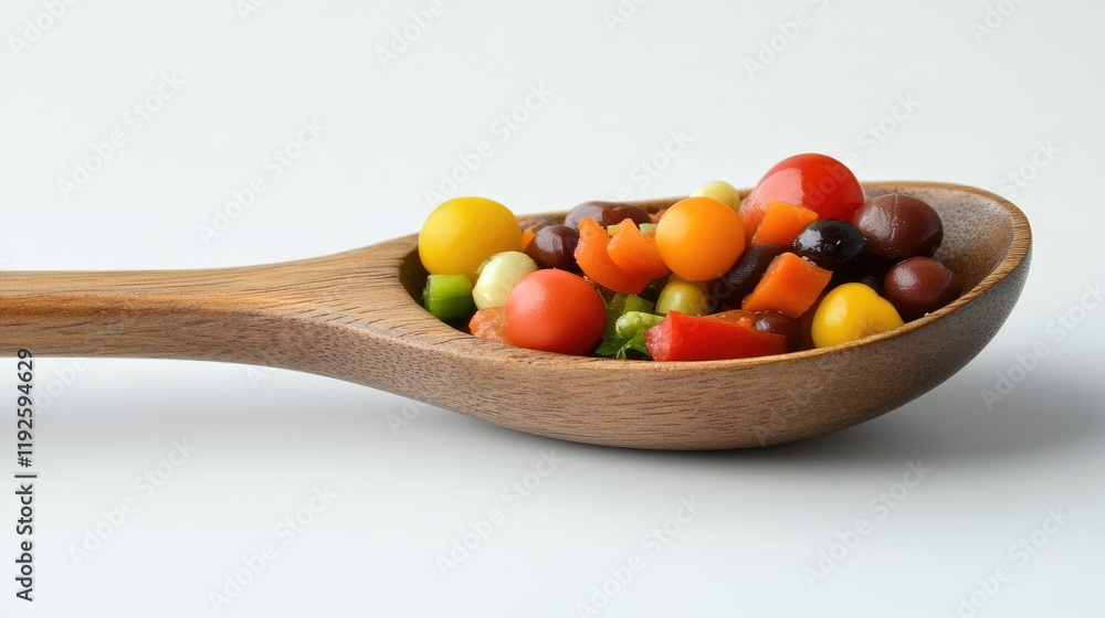 Poster closeup of a wooden spoon filled with colorful mixed vegetables on a neutral background showcasing f