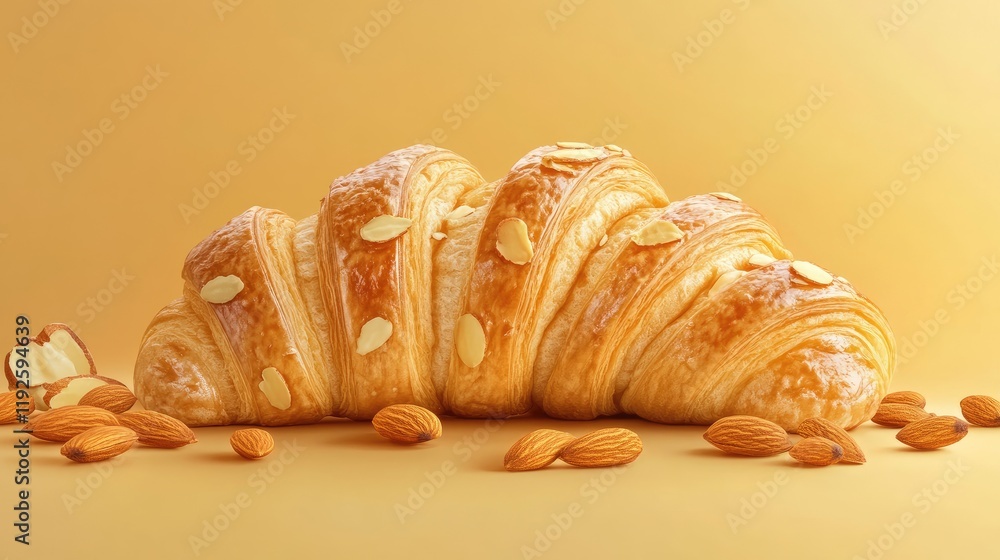 Poster almond topped croissant on a warm yellow background with scattered almonds creating an inviting past