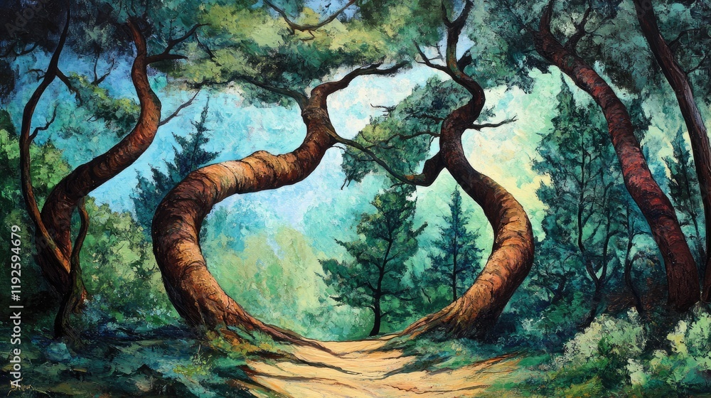 Fototapete mysterious bent trees in a vibrant forest landscape creating an enchanting and whimsical atmosphere