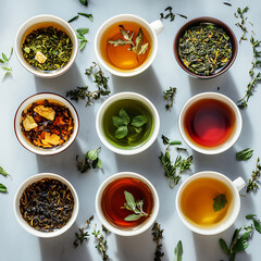 vibrant display of various tea cups filled with different types of tea, showcasing range of colors and ingredients. arrangement highlights beauty of herbal and traditional teas