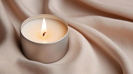 Valentine candles idea. A soothing candle flickers softly on a flowing fabric background, creating a calming ambiance.