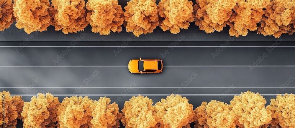 Aufkleber Aerial view of autumn ginkgo trees lining a road with a passing car and a spacious area for text or branding purposes