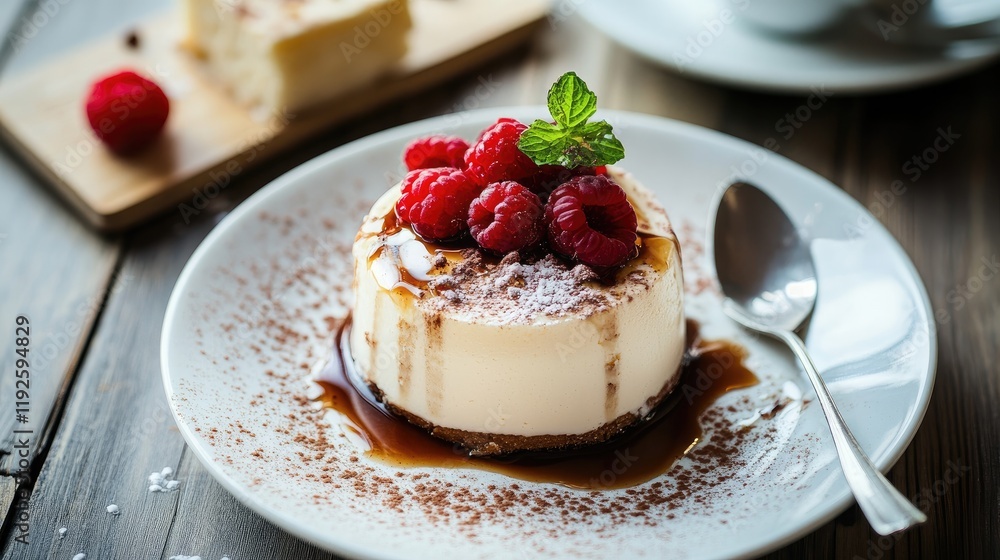 Poster decadent cheesecake topped with fresh raspberries and mint served with dark coffee on a rustic woode