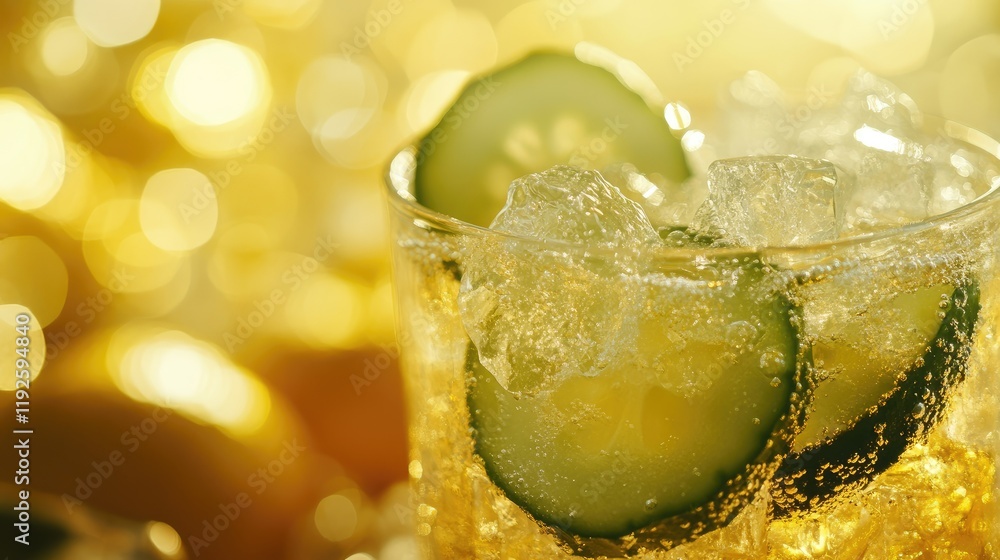 Poster refreshing tonic water cocktail with cucumber and lemon slices against a vibrant yellow bokeh backgr