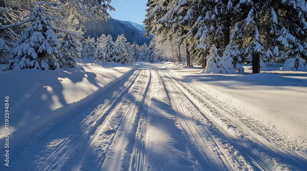 Aufkleber winter landscape with cross country skiing tracks through fresh snow and tree shadows creating a ser