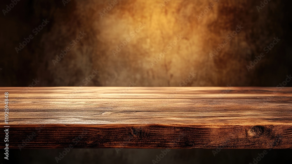 Poster rustic wooden tabletop with warm lighting and textured background for display and presentation purpo