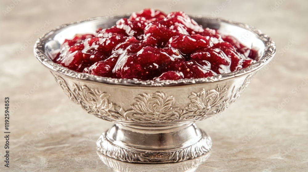 Poster strawberry jam served in an ornate silver bowl against a soft light backdrop highlighting its rich c