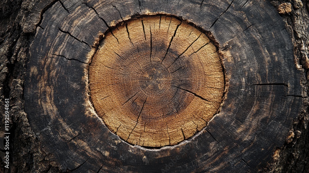 Poster cross section of tree trunk with detailed textures and natural patterns showcasing age rings and rus