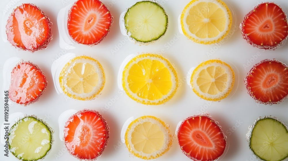 Poster colorful strawberry and lemon slices floating in clear water on a white background creating a fresh 
