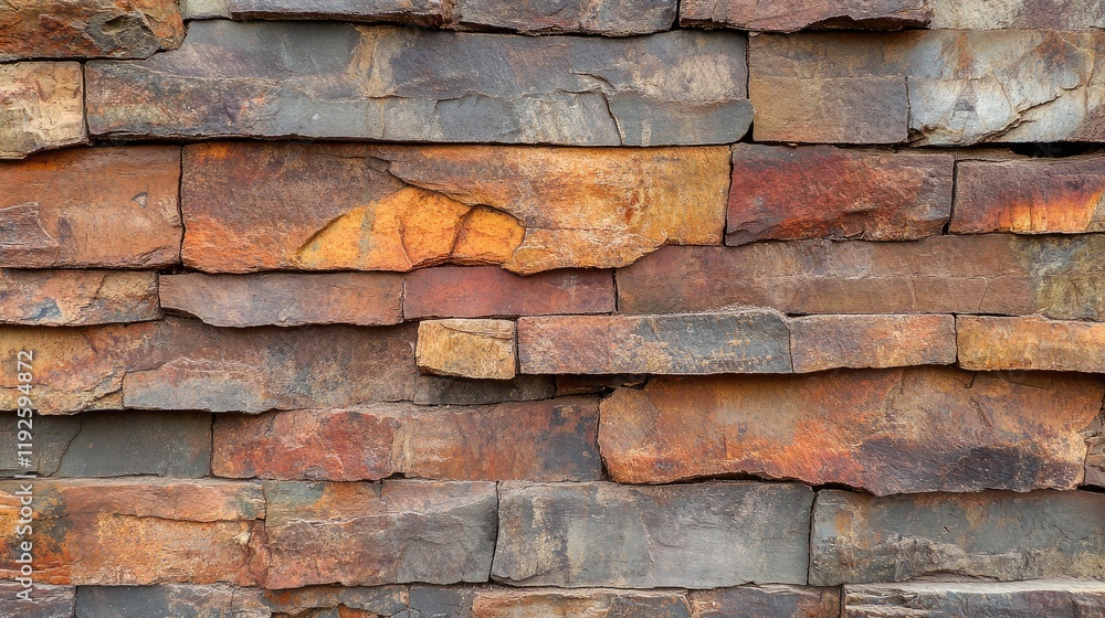 Poster Textured close-up of a rustic stone wall displaying vibrant colors and natural patterns in a weathered finish ideal for architectural designs