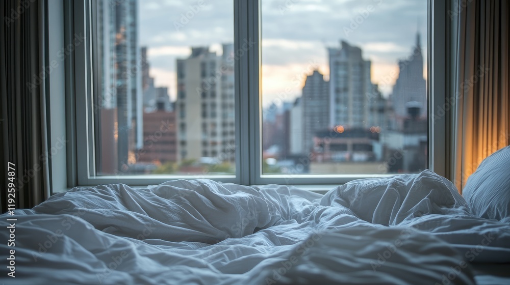 Aufkleber crumpled white bedding on unmade bed with city skyline view through large window in soft morning lig