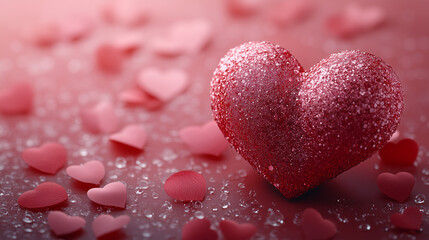 Obraz premium Romantic Valentine's Day Background with Dewy Red Heart and Petals