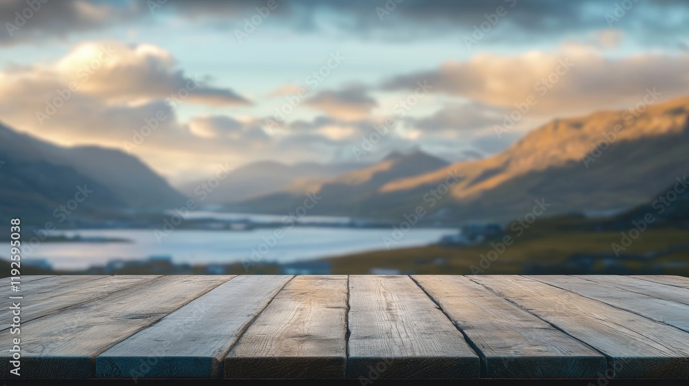 Poster scenic coastal view with empty wooden table ideal for displaying products or text in a serene natura