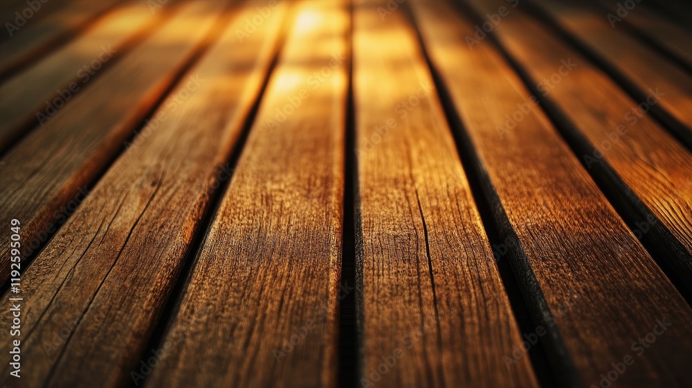Fototapete closeup view of polished wooden planks with warm sunlight reflections creating a serene and inviting