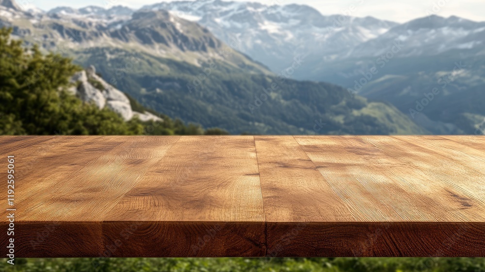 Poster scenic empty wooden tabletop with blurred mountain landscape in the background for nature and advent